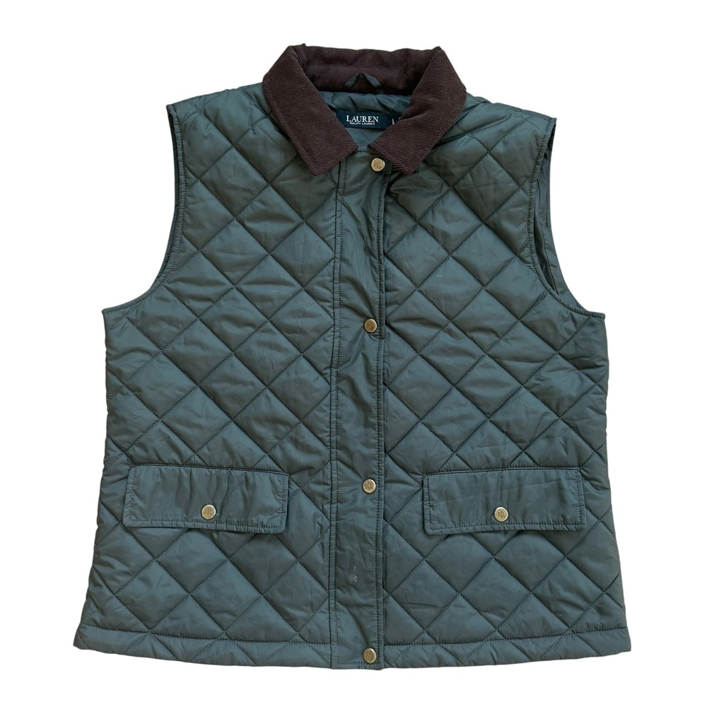 Lauren Ralph Lauren Quilted Vest Olive Green‎ Corduroy Collar Snap Front Large